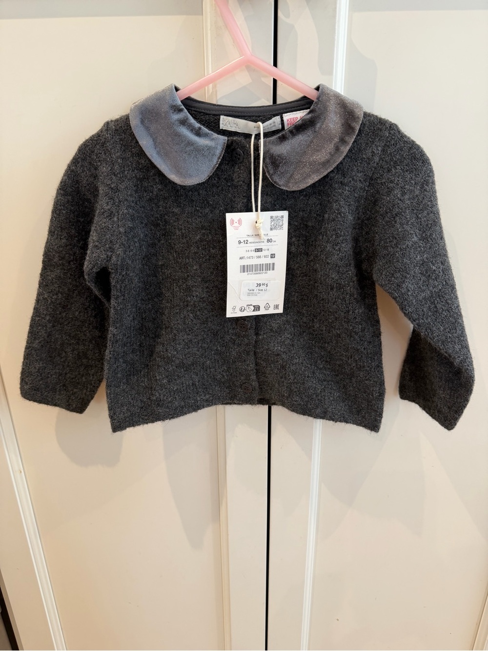 Zara 9-12m Charcoal Gray Baby Cardigan with Velvet Peter Pan Collar